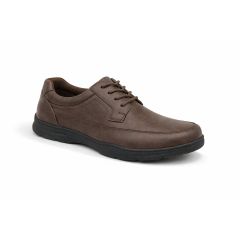 Brown leather dress shoe with black sole, featuring detailed stitching and a lace-up design. The shoe exudes a classic, sophisticated style.