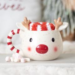 Festive Rudolph reindeer mug with red and white striped socks, surrounded by marshmallows in a cosy Christmas setting