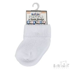 White baby sock with ribbed cuff, hanging on branded packaging labeled "Soft Touch Essentials: 2 Pack Socks, Baby Socks." Playful and cozy appeal.