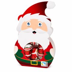 Santa-shaped Christmas chocolate gift box with Fairtrade foil-wrapped chocolates in festive red packaging.
