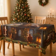 festive christmas oilcloth tablecloth with santa design in holiday dining room