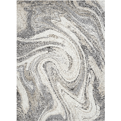 Grey marble swirl abstract area rug with fluid, high-contrast wave patterns in ivory, beige, and charcoal