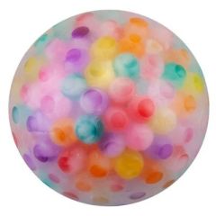 Colourful translucent sensory bead ball for kids with multicoloured soft beads inside.