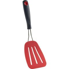Red slotted spatula with a black handle, featuring a label on the spatula head, on a white background.