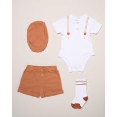 Baby boys white bodysuit and terracotta cotton shorts set with matching cap and socks