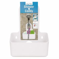 White plastic shower caddy for bathroom storage holding toiletries