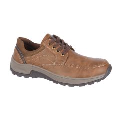 Brown leather casual shoe with dark brown laces and stitching, featuring a sturdy gray and black sole. It has a comfortable, rugged appearance.