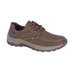 Brown casual shoe with detailed stitching, metal eyelets, and dark brown laces. The sole is thick and rugged, offering a sturdy and comfortable look.