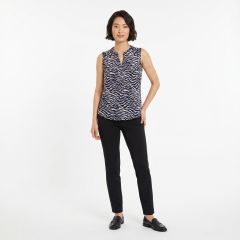 womens sleeveless zebra print cotton blouse with black trousers