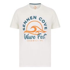 South Shore men's cotton t-shirt in Marshmallow White with a crew neck and Wave Fest Cornwall motif