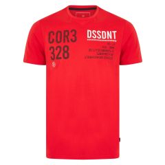 Dissident men's 100% cotton t-shirt in red with COR3 328 DSSDNT motif on the front