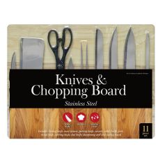 11-piece stainless steel knife and chopping board set including chef, bread, carving, and paring knives, scissors, sharpening steel, and wooden cutting board — kitchen utensils neatly arranged for display