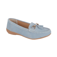 Womens baby blue suede loafers with tassel detail and gold trim