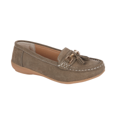 Women’s taupe suede loafers with tassel and gold trim detail – 3/4 front view
