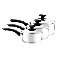 Supreme Stainless Steel Collection 3-piece saucepan set with stainless steel lids and soft-grip black handles