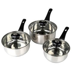 Supreme Vision stainless steel 3-piece saucepan set with toughened glass lids and soft-grip black handles
