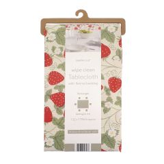 Floral tablecloth with bees, packaged on a cardboard hanger. It features images of plates and utensils, labeled "wipe clean with flannel backing."