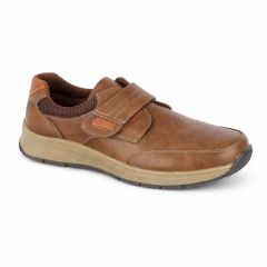 Men’s brown leather comfort shoe with adjustable velcro strap fastening and cushioned sole in Ripon Tan colour.