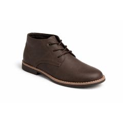 Men's tan leather chukka boot with three eyelet lacing, white stitching on the sole, and a rounded toe, exuding a casual and stylish look.