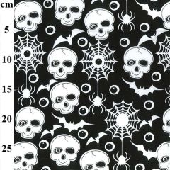 Halloween White Skull Printed on Black Polycotton Fabric - Price by the Metre