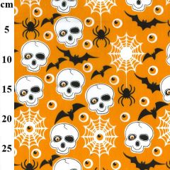 Halloween White Skull Printed on Orange Polycotton Fabric - Price by the Metre