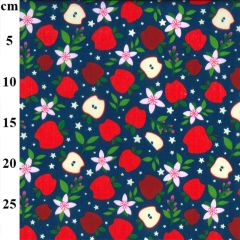 Polycotton Red Apple Printed Navy Fabric - Price by the Metre