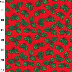 Red fabric with a pattern of green holly leaves and red berries, featuring a vertical ruler in centimeters on the left side.