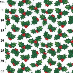 Pattern of holly leaves and red berries on a white background with a vertical centimeter scale on the left side.