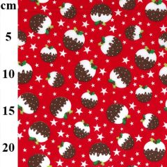 Christmas Pudding Printed Red Polycotton Fabric - Price by the Metre