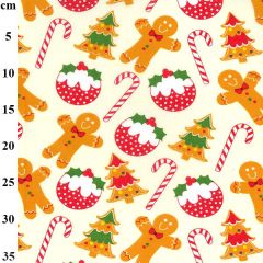 Festive pattern with gingerbread men, candy canes, Christmas trees, and pudding on a cream background, with a vertical ruler on the left.