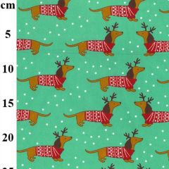 Christmas Sausage Dogs Printed Green Polycotton Fabric - Price by the Metre