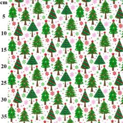 Green and red plaid fabric with yellow accents, featuring a centimeter scale on the left side.