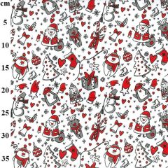 Festive Christmas pattern with Santa, reindeer, snowmen, penguins, trees, gifts, and candy canes in red, white, and black.