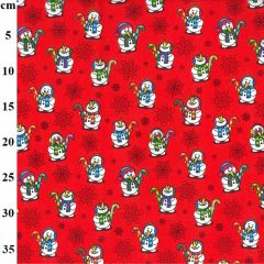 Christmas Snowmen Prints Red Polycotton Fabric - Price by the Metre