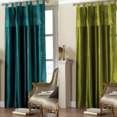 Teal and olive taffeta curtain panels displayed side by side