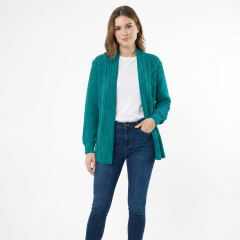 Model wearing the Women’s Cable Knit Cardigan Teal