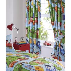 Brightly colored kids' room with space-themed decor. Curtains and bedding feature cartoon planets and aliens. A city skyline is visible outside. Fun, playful vibe.