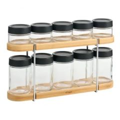 A two-tier wooden spice rack with ten clear glass jars, each topped with a black lid, neatly organized on metal supports.