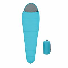 Turquoise mummy-style sleeping bag laid flat on a white background with grey hood lining and matching turquoise carry bag, ideal for camping and outdoor adventures.