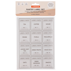 A set of white rectangular pantry labels with black text for organizing kitchen items, including tea, coffee, pasta, and snacks, by Typhoon.