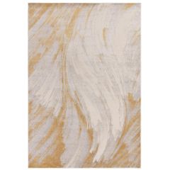 Abstract rug with sweeping brushstroke patterns in cream, beige, and warm gold tones.