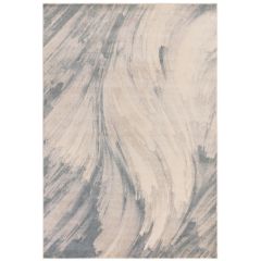 Abstract rug with sweeping brushstroke patterns in cream, beige, and soft blue-grey tones.