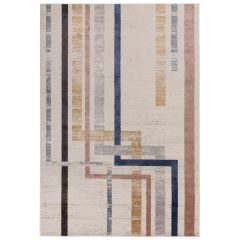 Geometric rug with a soft cream background and intersecting lines in blue, blush pink, mustard, grey, and charcoal tones.