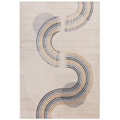 Abstract cream rug with flowing multicolored curved lines and soft geometric accents.