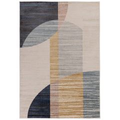 Abstract cream rug with overlapping geometric shapes in blue, grey, mustard, and blush tones.