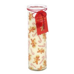 Front view of warm gingerbread scented candle in glass tube with candy cane and gingerbread man design
