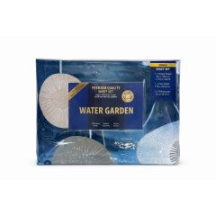 Packaging of "Water Garden" sheet set with blue floral design. Includes details: 100% polyester, fits single bed, contains fitted sheet, flat sheet, 2 pillowcases.