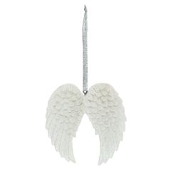 Elegant glittered white angel wings ornament hanging on silver ribbon