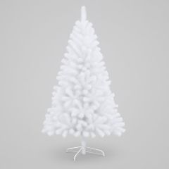White artificial Christmas tree with white stand on a light grey background, full branches and realistic festive design