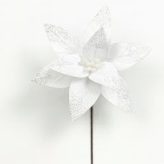 White glitter poinsettia flower pick with shimmering edges on a stem for Christmas decorating
